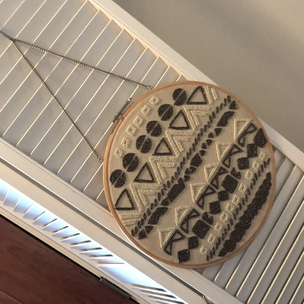 Beautiful Vintage Beaded Indian Design Wall Hanging on embroidery hoop w/chain.